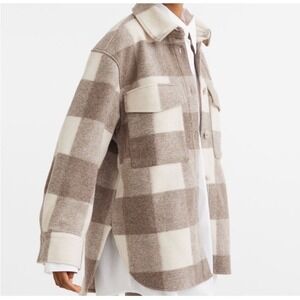 H&M Oversized Shirt Jacket Light Greyish Brown & Cream Plaid Size XL Shacket
